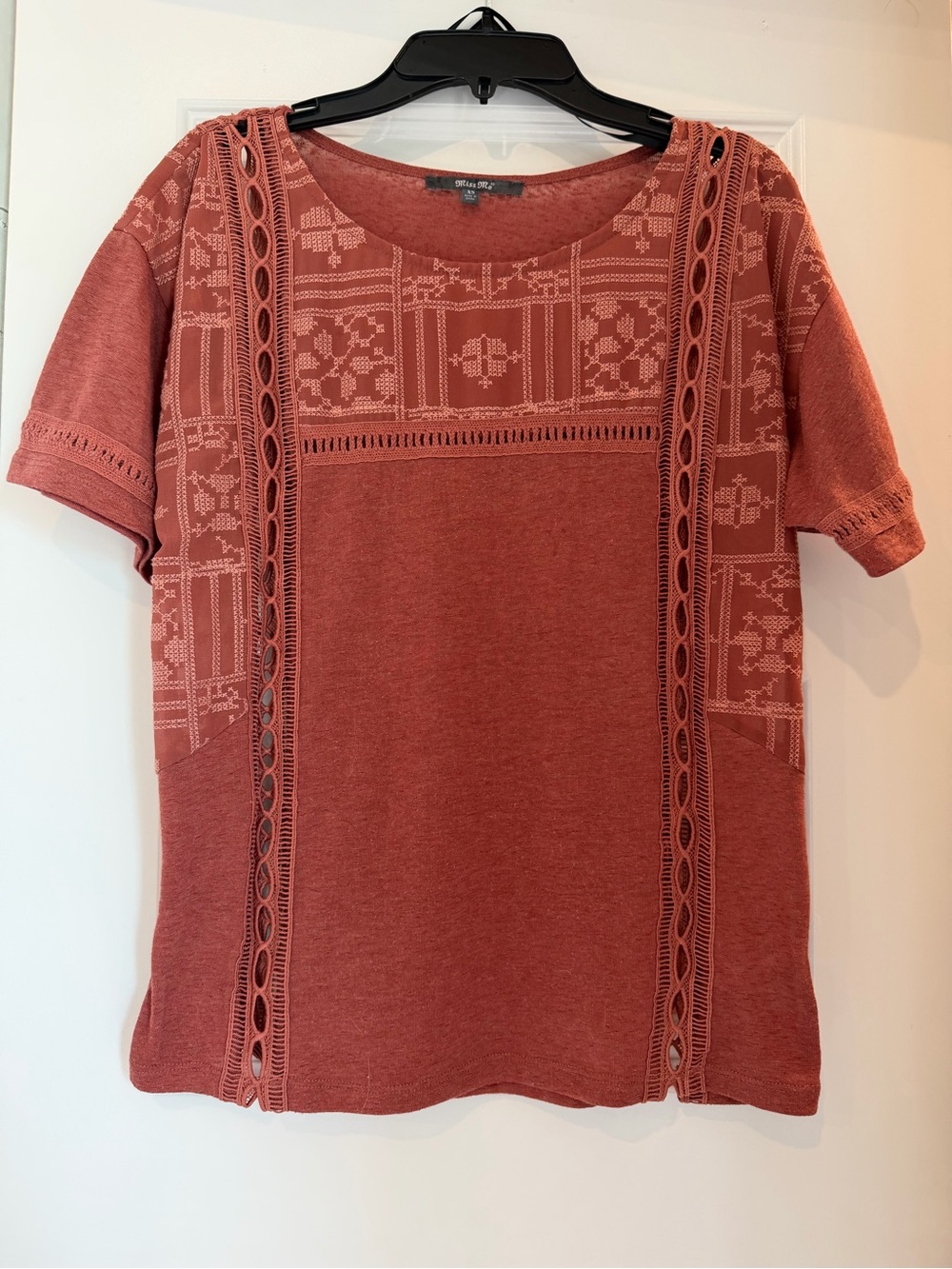 Miss Me Rust Crochet-Trim Short Sleeve Top